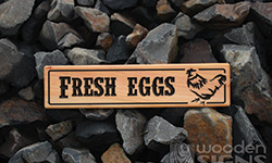 fresh eggs macrocarpa sign with chicken carving image 500mm x 140mm
